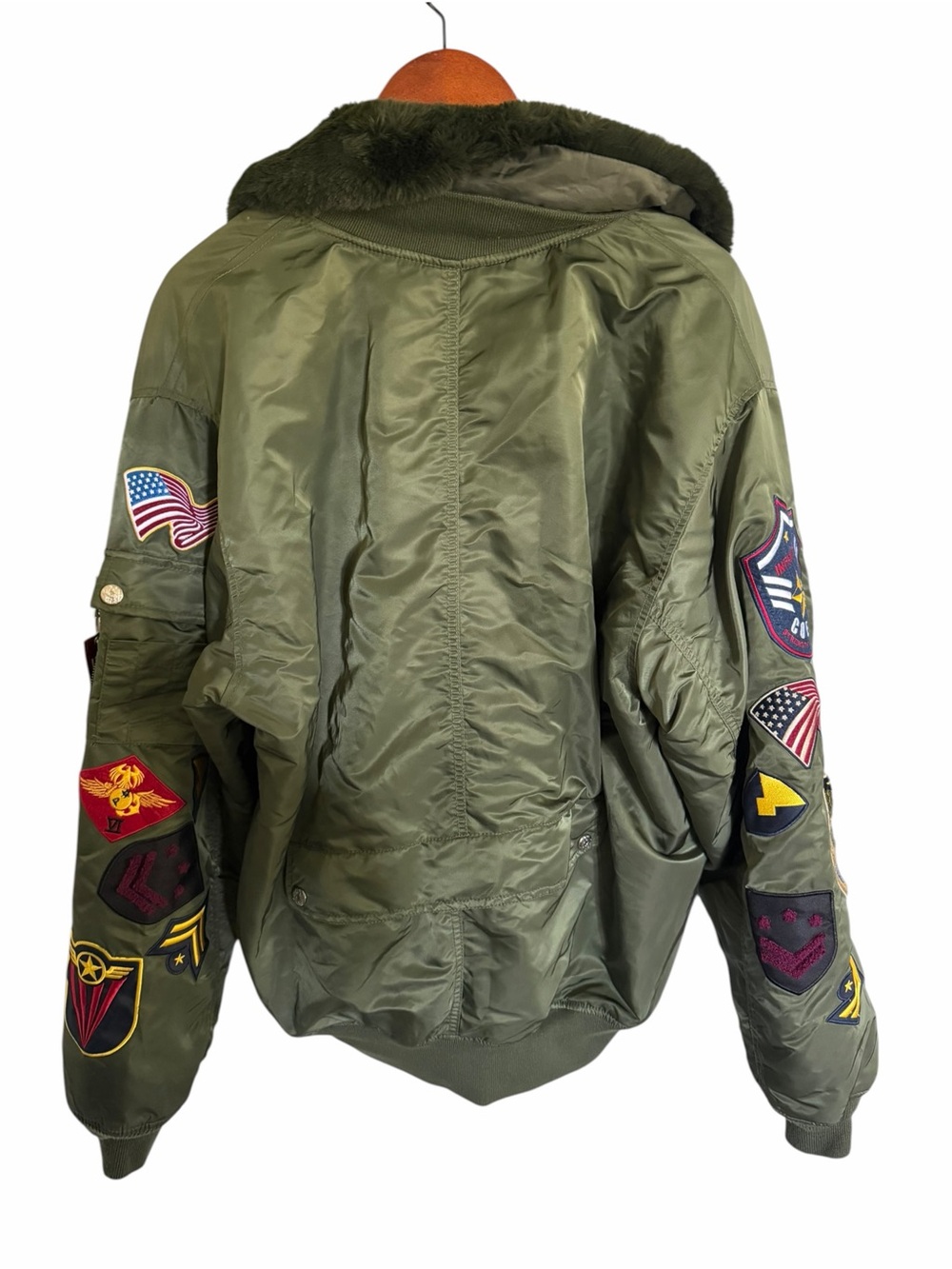 Utility Patch Bomber Jacket with Faux Fur Collar - Olive - Picture 3 of 10
